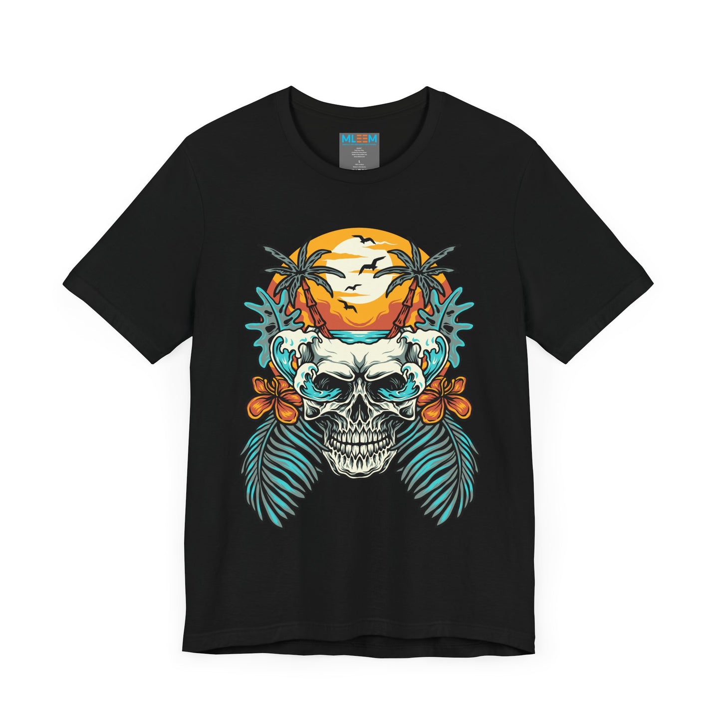 Tropical Skull Graphic Tee - Unisex Short Sleeve Shirt with Palm Trees & Sunset