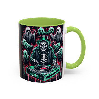 Gothic Coffee Mug, Spooky Mug, Halloween Gift, Ghost-Themed Drinkware, DJ Skull Mug, Music Lover’s Mug