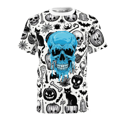 Spooky Skull & Pumpkin Unisex Tee, Halloween Shirt, Graphic Tee, Casual Wear, Goth Fashion, Unique Gift Idea