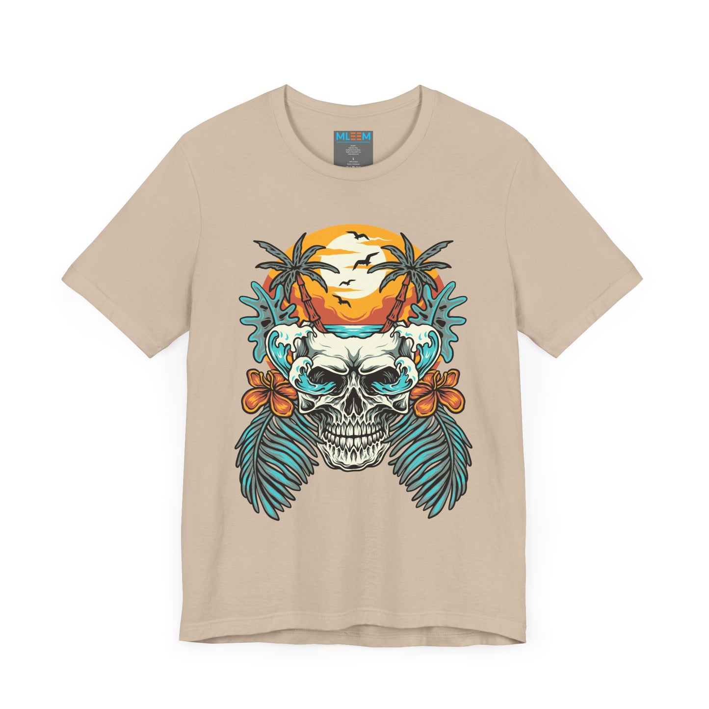 Tropical Skull Graphic Tee - Unisex Short Sleeve Shirt with Palm Trees & Sunset