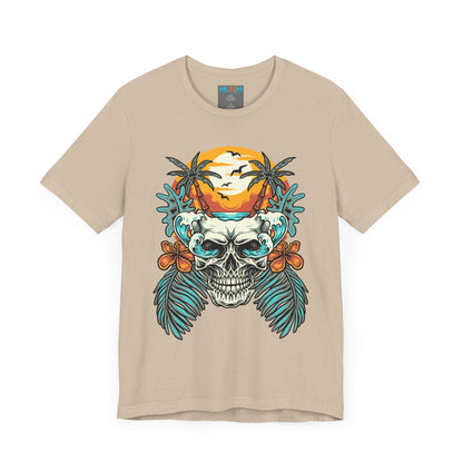 Tropical Skull Graphic Tee - Unisex Short Sleeve Shirt with Palm Trees & Sunset