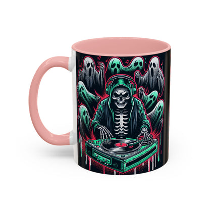 Gothic Coffee Mug, Spooky Mug, Halloween Gift, Ghost-Themed Drinkware, DJ Skull Mug, Music Lover’s Mug