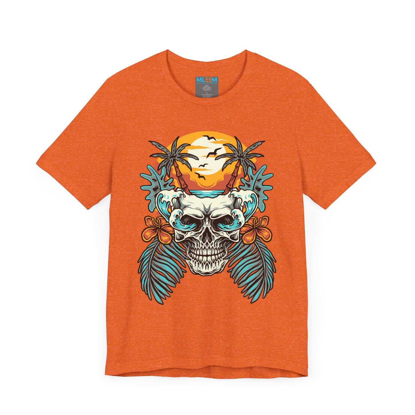 Tropical Skull Graphic Tee - Unisex Short Sleeve Shirt with Palm Trees & Sunset