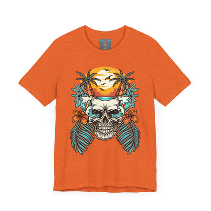 Tropical Skull Graphic Tee - Unisex Short Sleeve Shirt with Palm Trees & Sunset