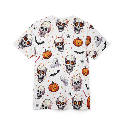 Vibrant Día de los Muertos Tee, Halloween Shirt, Sugar Skull Apparel, Unisex Graphic Tee, Festive Party Top, All-Over Print T-Shirt