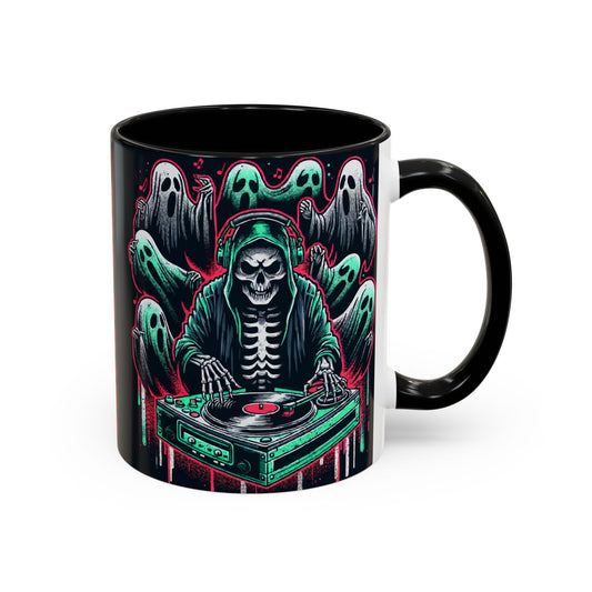 Gothic Coffee Mug, Spooky Mug, Halloween Gift, Ghost-Themed Drinkware, DJ Skull Mug, Music Lover’s Mug