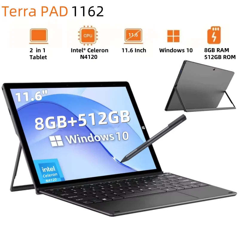 2025 New PAD1162 11.6 Inch Windows 10 Tablets Intel Celeron N4120 1920 x 1080 IPS 8GB DDR3-RAM 512GB EMMC ROM  2 x USB 3.0 WIFI - Mleem