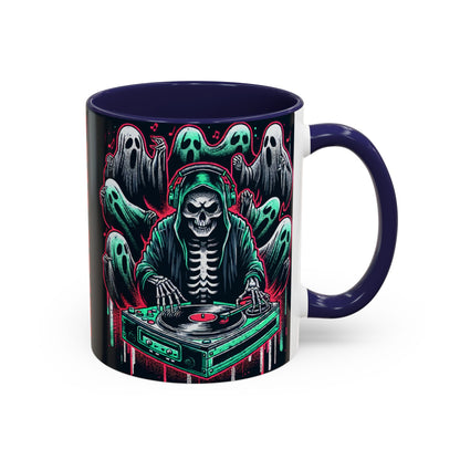 Gothic Coffee Mug, Spooky Mug, Halloween Gift, Ghost-Themed Drinkware, DJ Skull Mug, Music Lover’s Mug