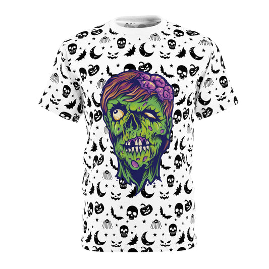 Unisex Zombie AOP Tee, Spooky Graphic T-Shirt, Halloween Apparel, Goth Style Shirt, Unique Gift for Horror Fans, Casual Creepy Wear