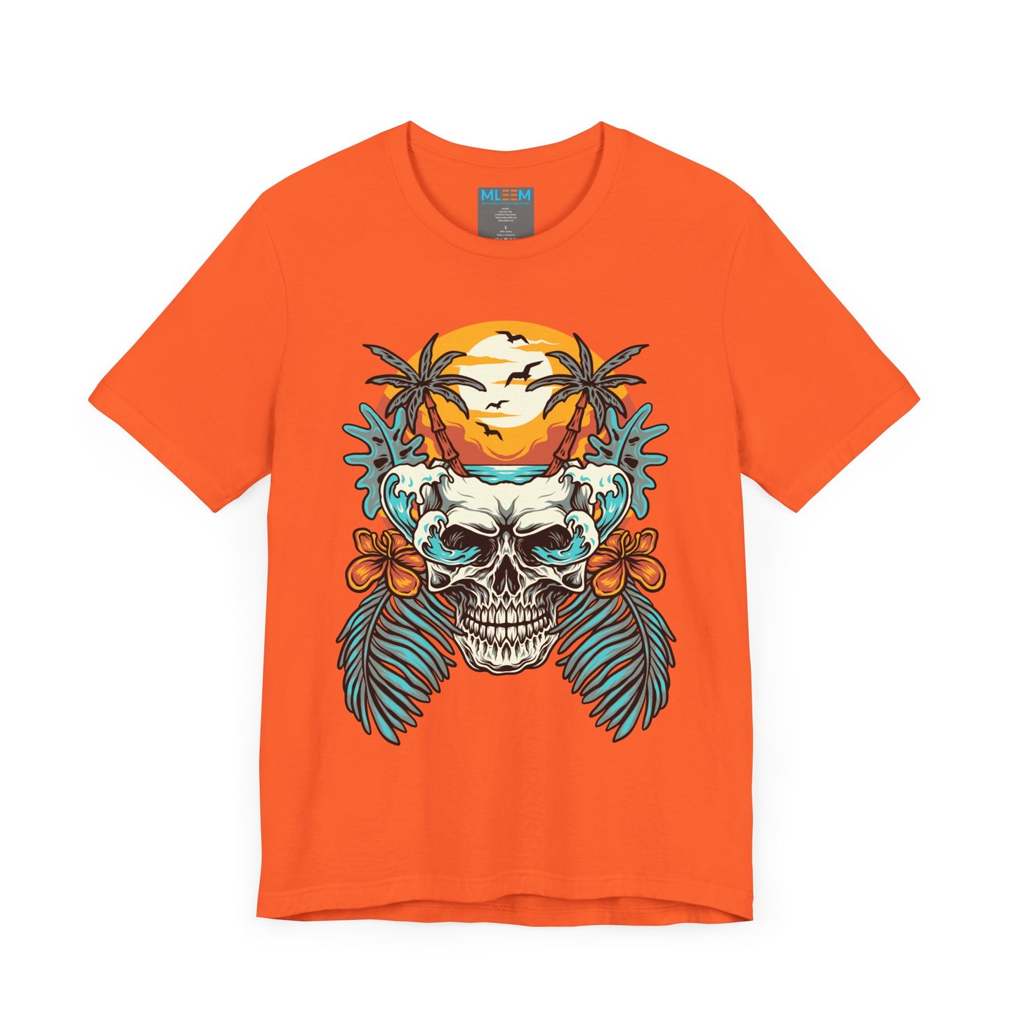 Tropical Skull Graphic Tee - Unisex Short Sleeve Shirt with Palm Trees & Sunset