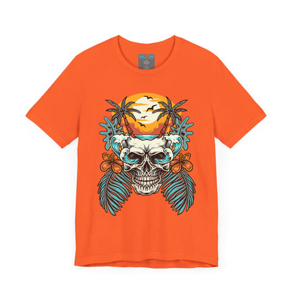 Tropical Skull Graphic Tee - Unisex Short Sleeve Shirt with Palm Trees & Sunset