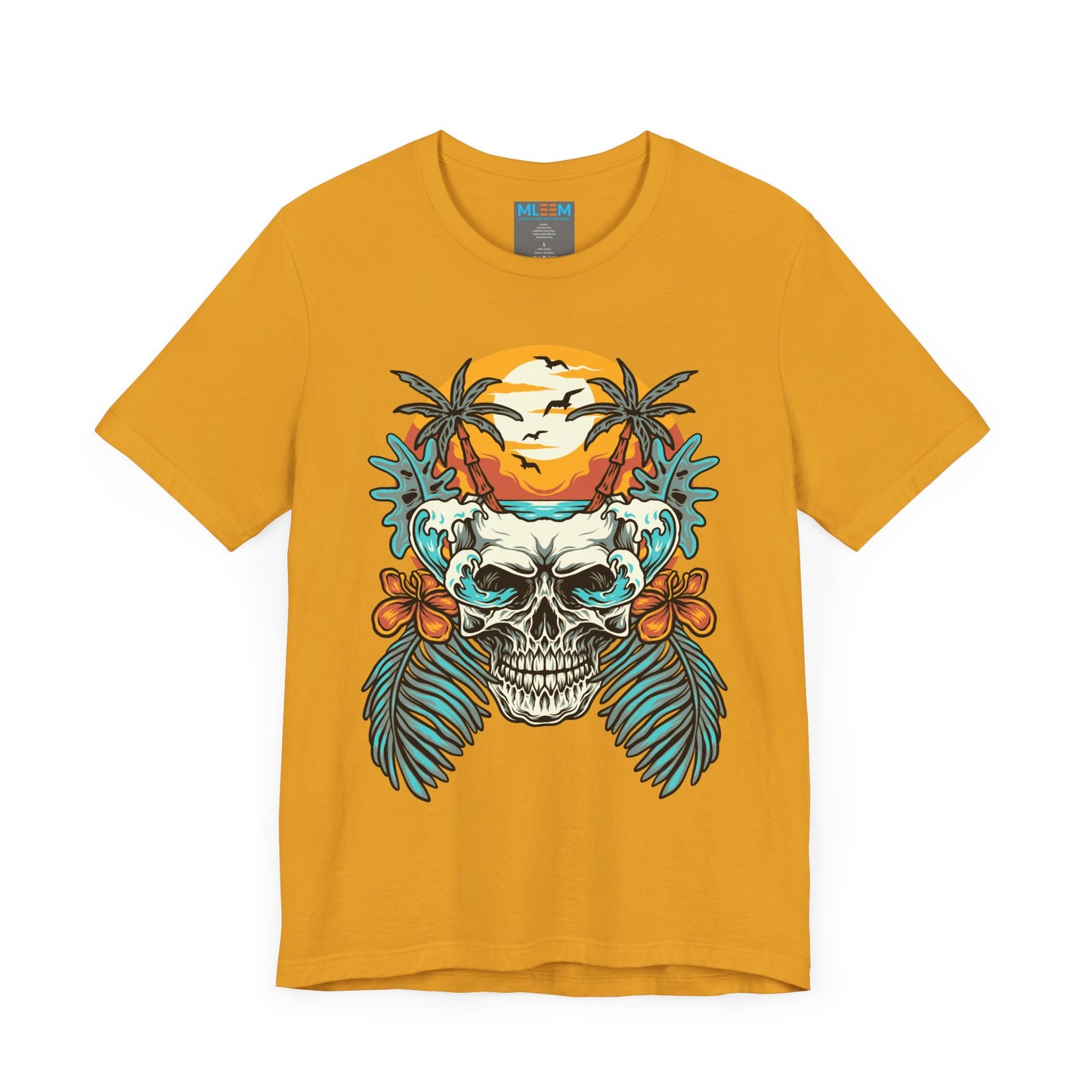 Tropical Skull Graphic Tee - Unisex Short Sleeve Shirt with Palm Trees & Sunset