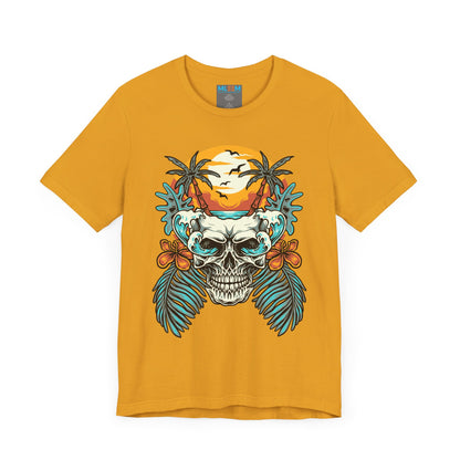 Tropical Skull Graphic Tee - Unisex Short Sleeve Shirt with Palm Trees & Sunset