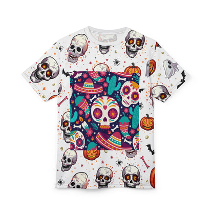 Vibrant Día de los Muertos Tee, Halloween Shirt, Sugar Skull Apparel, Unisex Graphic Tee, Festive Party Top, All-Over Print T-Shirt
