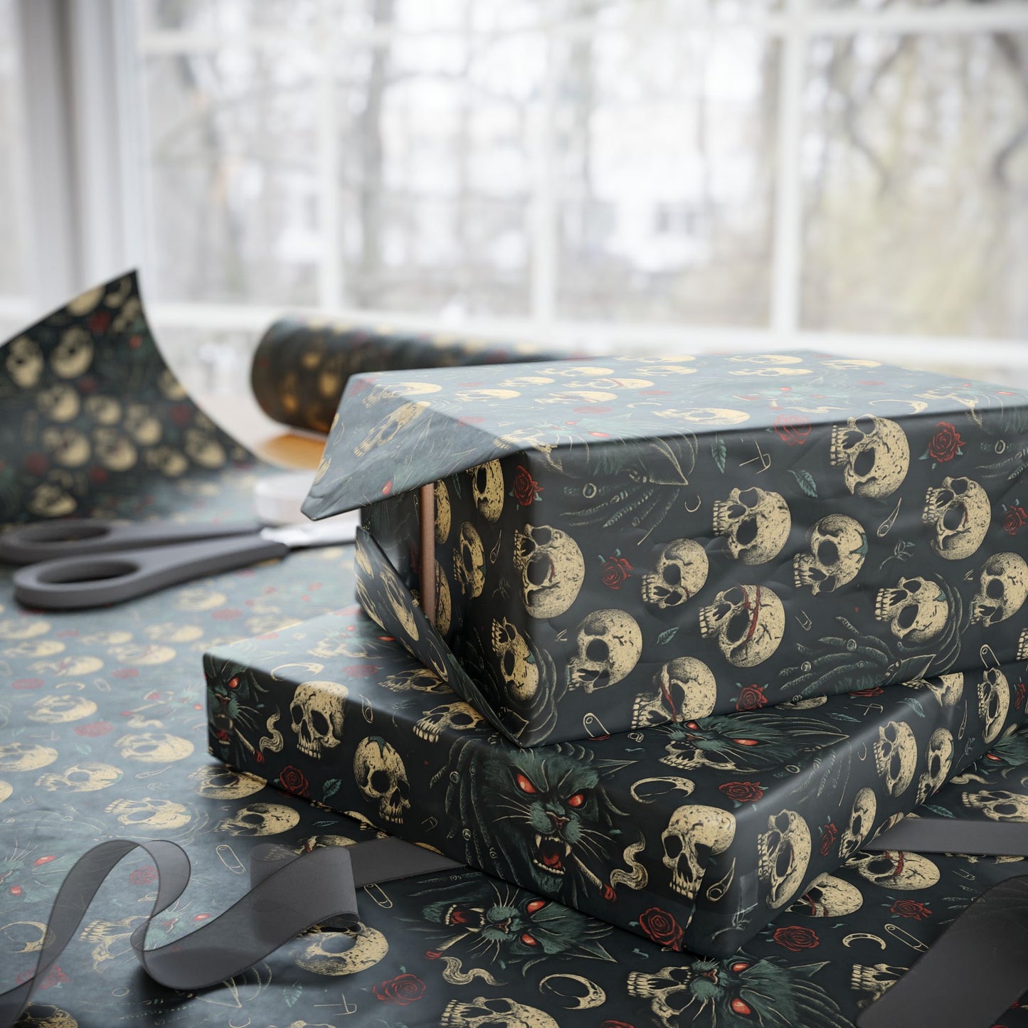 Dark Gothic Skulls Wrapping Paper, Spooky Gift Wrap for Halloween, Party Decor, Unique Present Packaging, Alternative Gift Wrap
