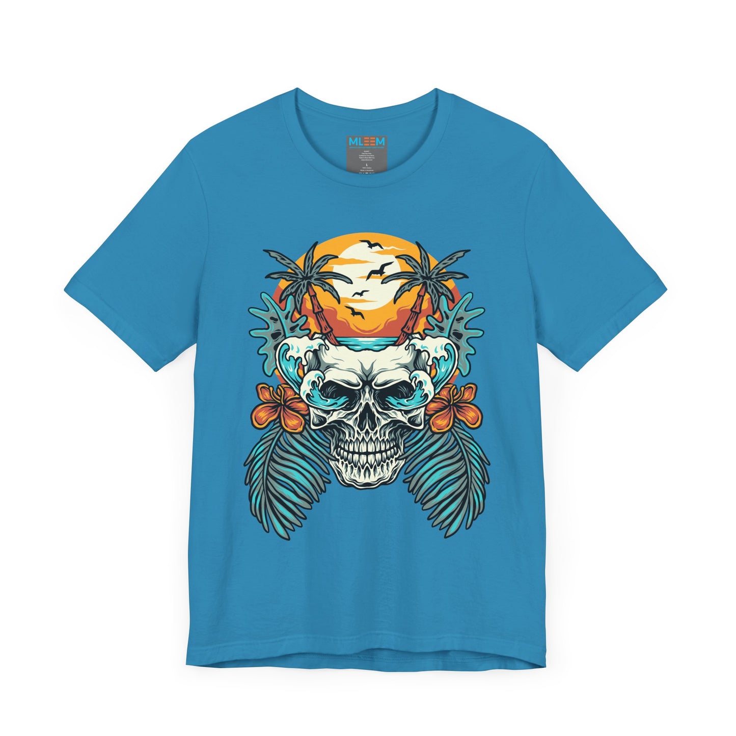 Tropical Skull Graphic Tee - Unisex Short Sleeve Shirt with Palm Trees & Sunset