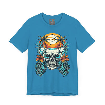 Tropical Skull Graphic Tee - Unisex Short Sleeve Shirt with Palm Trees & Sunset