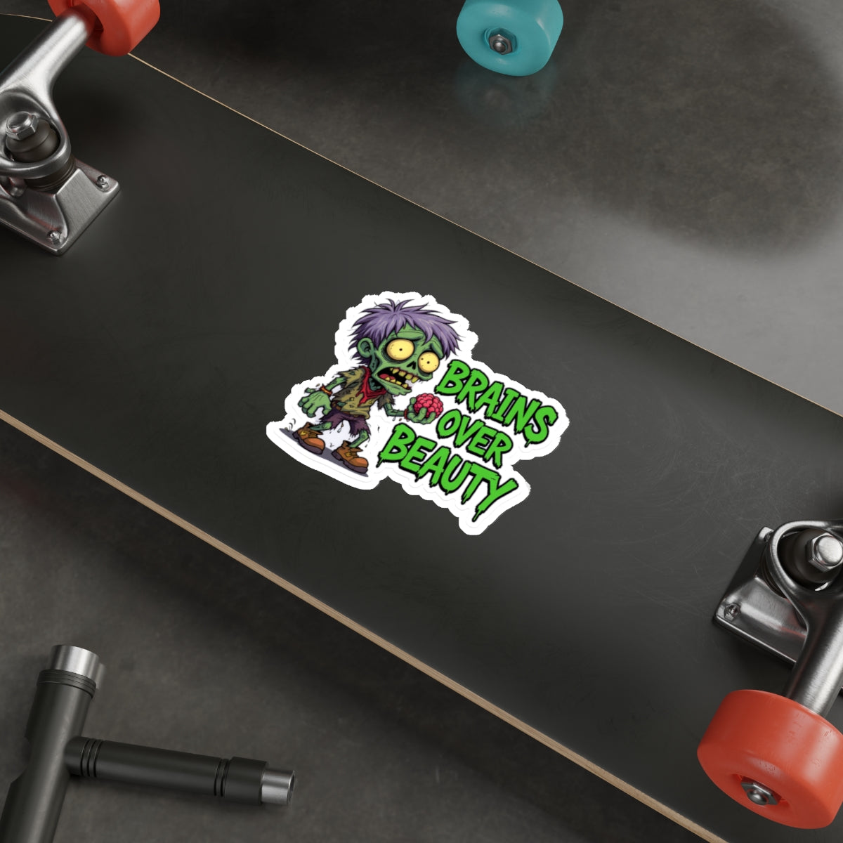 Zombie Brains Over Beauty Die-Cut Stickers, Halloween Decor, Laptop Stickers, Fun Gift for Ghoul Lovers, Quirky Accessories