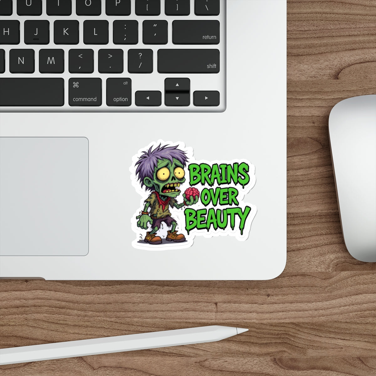 Zombie Brains Over Beauty Die-Cut Stickers, Halloween Decor, Laptop Stickers, Fun Gift for Ghoul Lovers, Quirky Accessories