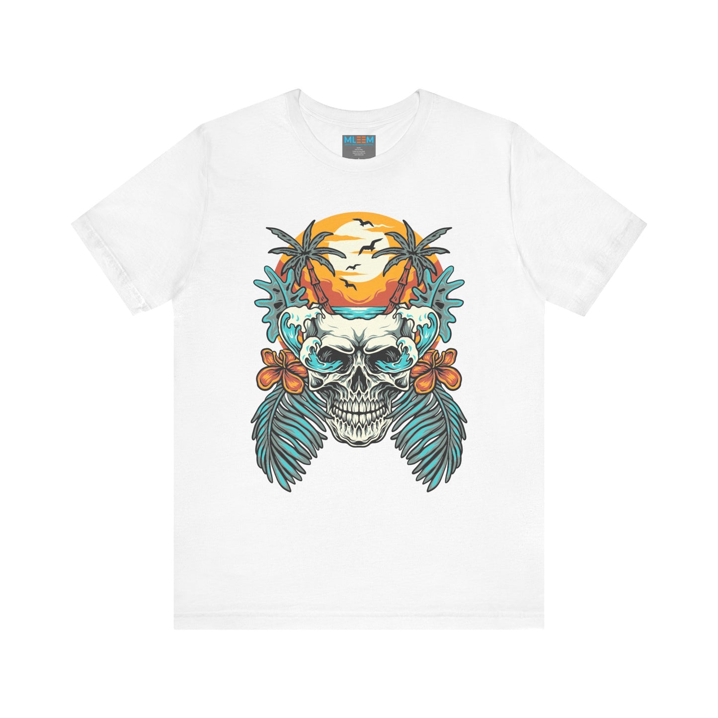 Tropical Skull Graphic Tee - Unisex Short Sleeve Shirt with Palm Trees & Sunset