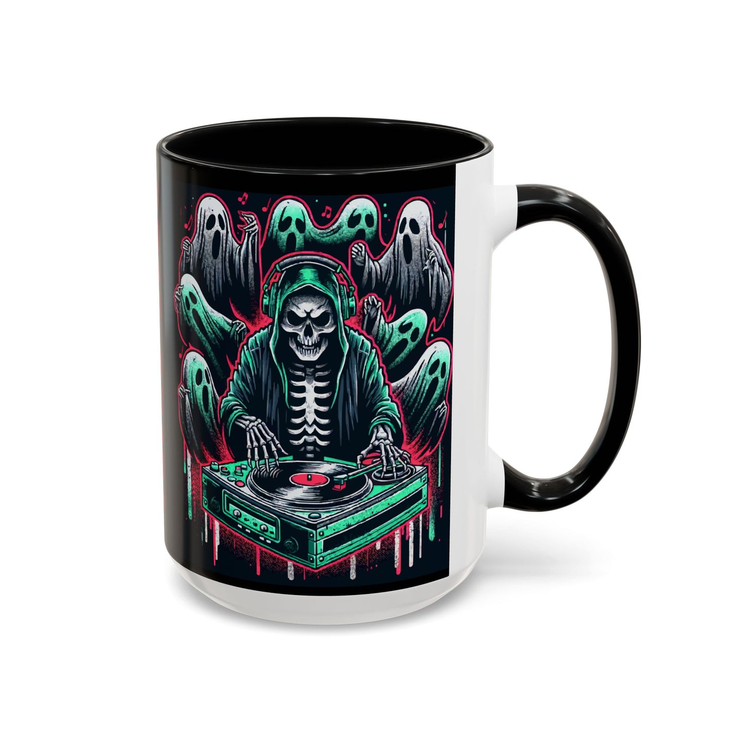 Gothic Coffee Mug, Spooky Mug, Halloween Gift, Ghost-Themed Drinkware, DJ Skull Mug, Music Lover’s Mug