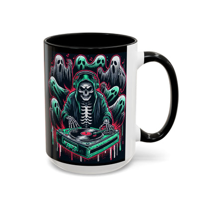Gothic Coffee Mug, Spooky Mug, Halloween Gift, Ghost-Themed Drinkware, DJ Skull Mug, Music Lover’s Mug