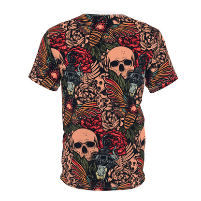 Gothic Floral Skull Tee, Edgy Graphic T-Shirt, Alternative Fashion, Unique Gift, Halloween Apparel, Vintage-Inspired Art
