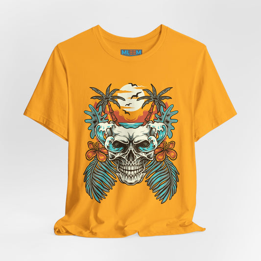 Tropical Skull Graphic Tee - Unisex Short Sleeve Shirt with Palm Trees & Sunset