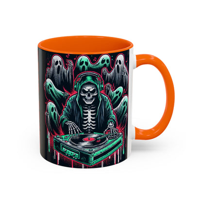Gothic Coffee Mug, Spooky Mug, Halloween Gift, Ghost-Themed Drinkware, DJ Skull Mug, Music Lover’s Mug