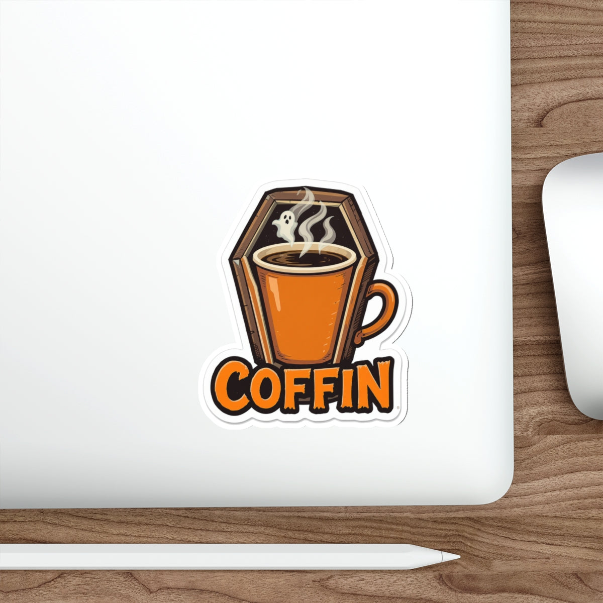 Halloween Coffee Die-Cut Stickers, Coffin Mug Stickers, Spooky Decor, Halloween Party Favors, Laptop Stickers, Ghostly Coffee Decor