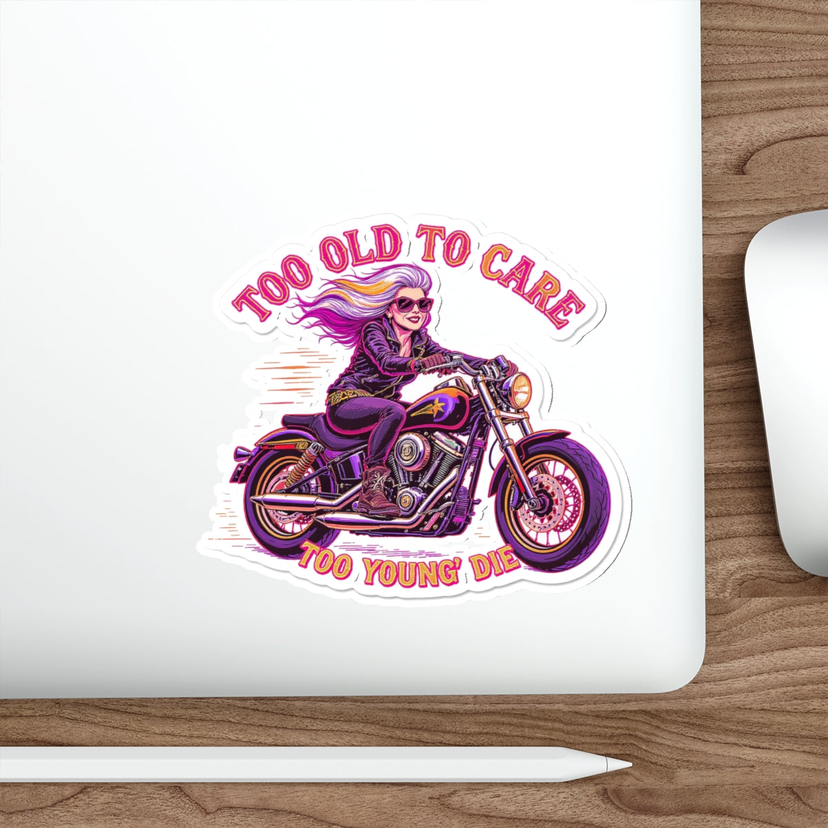 Too Old to Care Die-Cut Stickers - Fun, Edgy Motorcycle Decor, Perfect for Bikers, Gifts for Riders, Laptop & Water Bottle Stickers