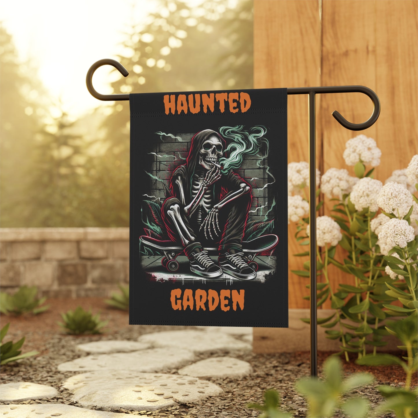 Haunted Garden Banner, Spooky Outdoor Decor, Halloween Garden Flag, Gothic Home Decor, Creepy Garden Sign, Skull Themed Decoration