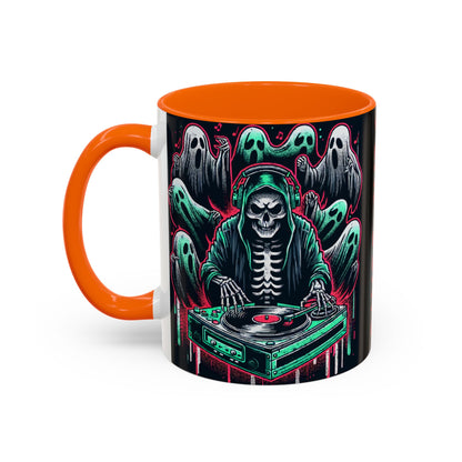 Gothic Coffee Mug, Spooky Mug, Halloween Gift, Ghost-Themed Drinkware, DJ Skull Mug, Music Lover’s Mug