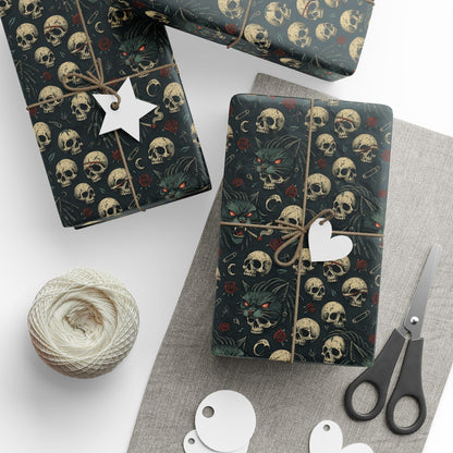 Dark Gothic Skulls Wrapping Paper, Spooky Gift Wrap for Halloween, Party Decor, Unique Present Packaging, Alternative Gift Wrap