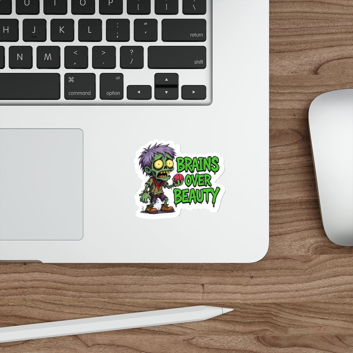 Zombie Brains Over Beauty Die-Cut Stickers, Halloween Decor, Laptop Stickers, Fun Gift for Ghoul Lovers, Quirky Accessories