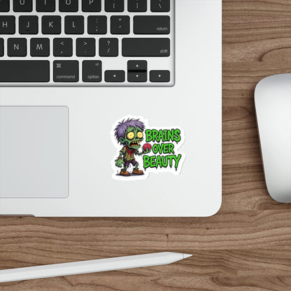 Zombie Brains Over Beauty Die-Cut Stickers, Halloween Decor, Laptop Stickers, Fun Gift for Ghoul Lovers, Quirky Accessories