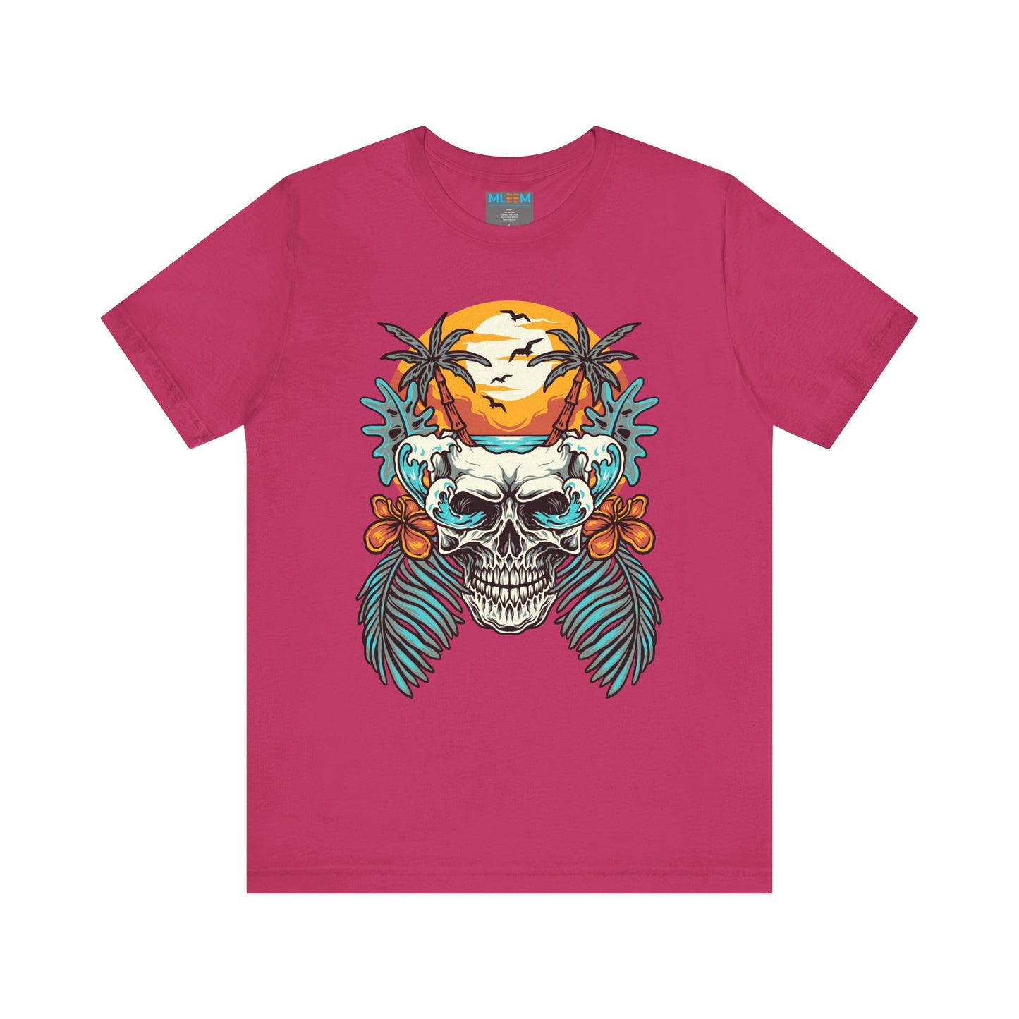 Tropical Skull Graphic Tee - Unisex Short Sleeve Shirt with Palm Trees & Sunset
