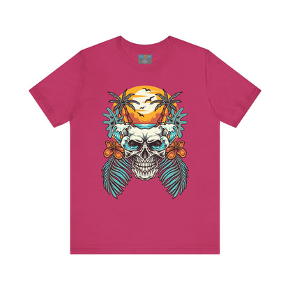 Tropical Skull Graphic Tee - Unisex Short Sleeve Shirt with Palm Trees & Sunset