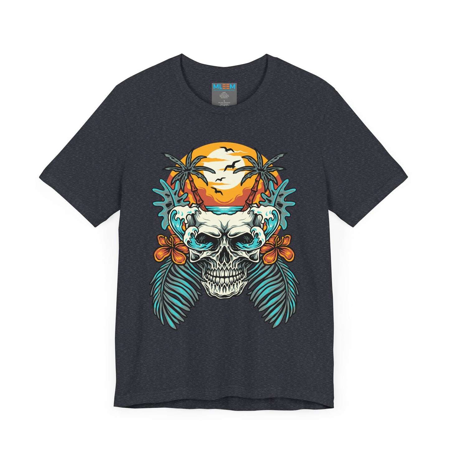 Tropical Skull Graphic Tee - Unisex Short Sleeve Shirt with Palm Trees & Sunset
