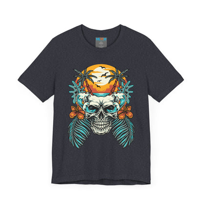 Tropical Skull Graphic Tee - Unisex Short Sleeve Shirt with Palm Trees & Sunset