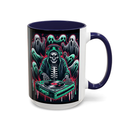 Gothic Coffee Mug, Spooky Mug, Halloween Gift, Ghost-Themed Drinkware, DJ Skull Mug, Music Lover’s Mug