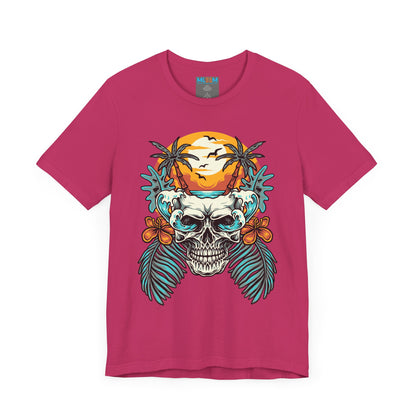 Tropical Skull Graphic Tee - Unisex Short Sleeve Shirt with Palm Trees & Sunset
