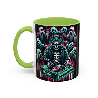 Gothic Coffee Mug, Spooky Mug, Halloween Gift, Ghost-Themed Drinkware, DJ Skull Mug, Music Lover’s Mug