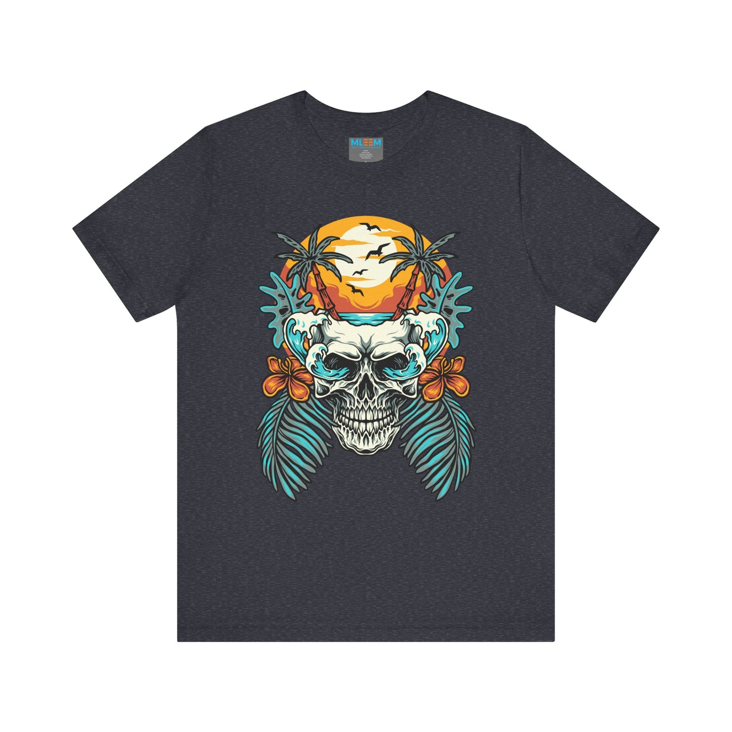 Tropical Skull Graphic Tee - Unisex Short Sleeve Shirt with Palm Trees & Sunset