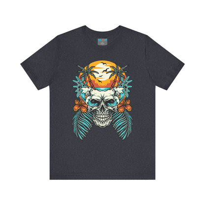 Tropical Skull Graphic Tee - Unisex Short Sleeve Shirt with Palm Trees & Sunset