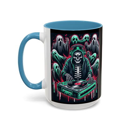 Gothic Coffee Mug, Spooky Mug, Halloween Gift, Ghost-Themed Drinkware, DJ Skull Mug, Music Lover’s Mug