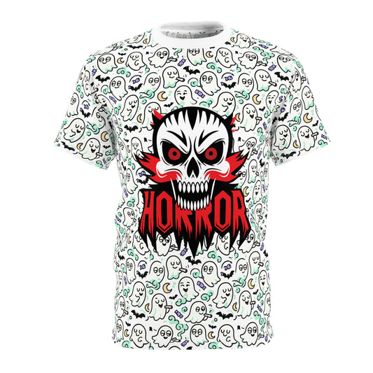 Unisex Horror Graphic Tee, Spooky T-Shirt for Halloween, Ghosts and Skulls Design, Eerie Apparel for Horror Fans, Unique Gift Idea