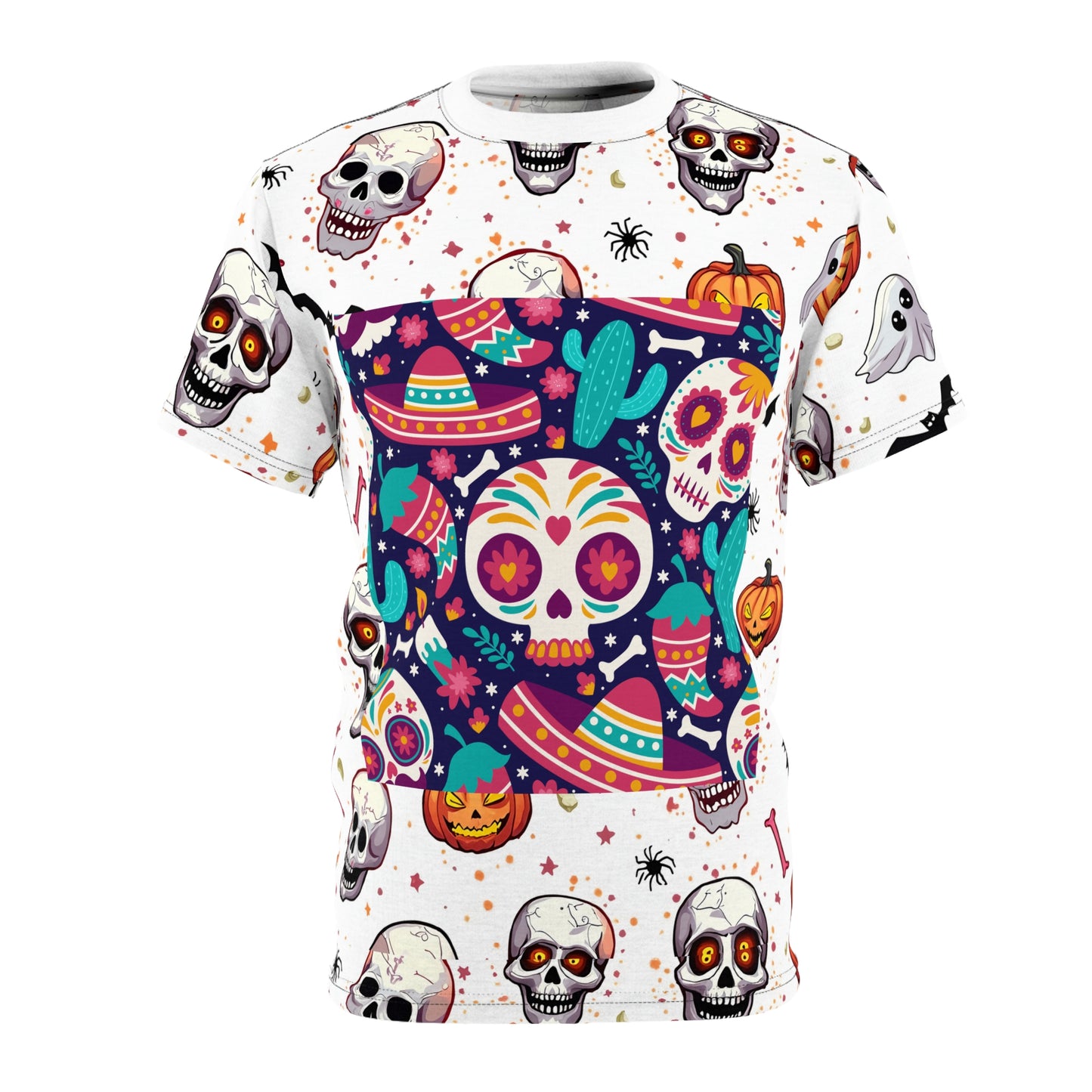 Vibrant Día de los Muertos Tee, Halloween Shirt, Sugar Skull Apparel, Unisex Graphic Tee, Festive Party Top, All-Over Print T-Shirt