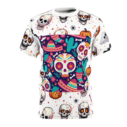 Vibrant Día de los Muertos Tee, Halloween Shirt, Sugar Skull Apparel, Unisex Graphic Tee, Festive Party Top, All-Over Print T-Shirt
