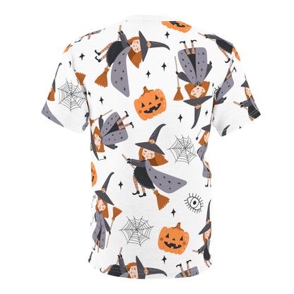 Halloween Unisex Tee, Festive Witch Theme, Spooky Casual Wear, Perfect for Halloween Parties, Trick or Treat Fun, All-Over Print